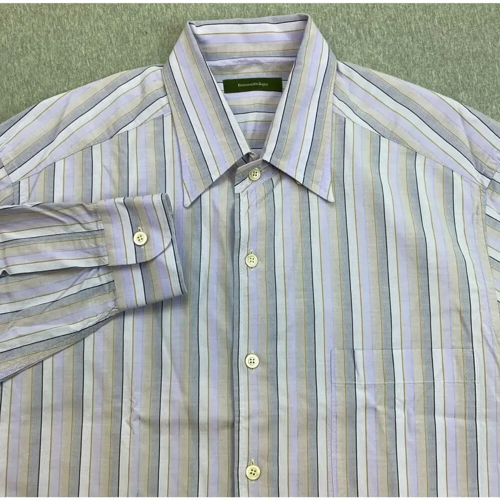 Ermenegildo Zegna Shirt Mens XL Striped Cotton‎ Blend Button Up Made Italy
